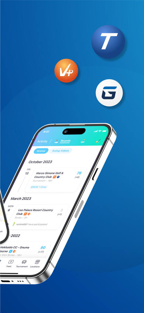A smartphone displaying the Golfzon Global app's activity screen with a list of past golf rounds and scores