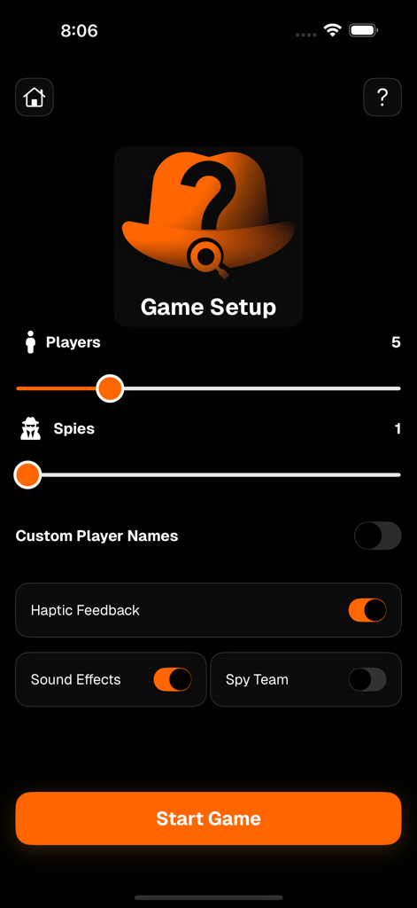 WHO'S THE SPY - منو الجاسوس - Game setup screen for Whos the Spy showing player and spy count settings