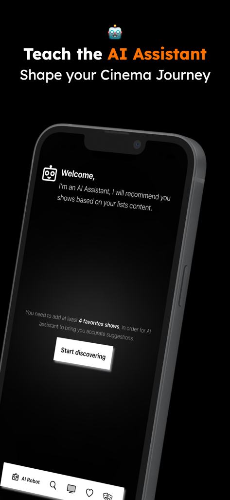 Magi - TV & AI Movie Assistant - Magiアプリのウェルカム画面。パーソナライズされた映画のおすすめのためのAIアシスタントを特徴としています。