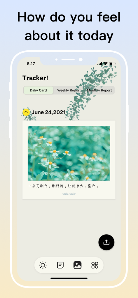 Smile Todo - Time Management - Capture d'écran de l'application Smile Todo montrant une carte de suivi quotidienne minimaliste avec une image florale et une citation inspirante