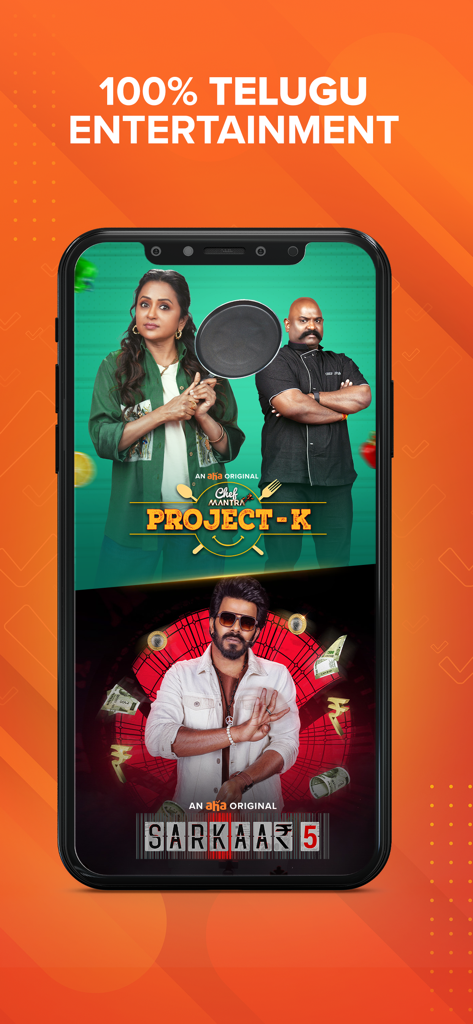 A smartphone showing the aha app interface with the headline 100 percent Telugu Entertainment featuring original shows Project K and Sarkaar 5