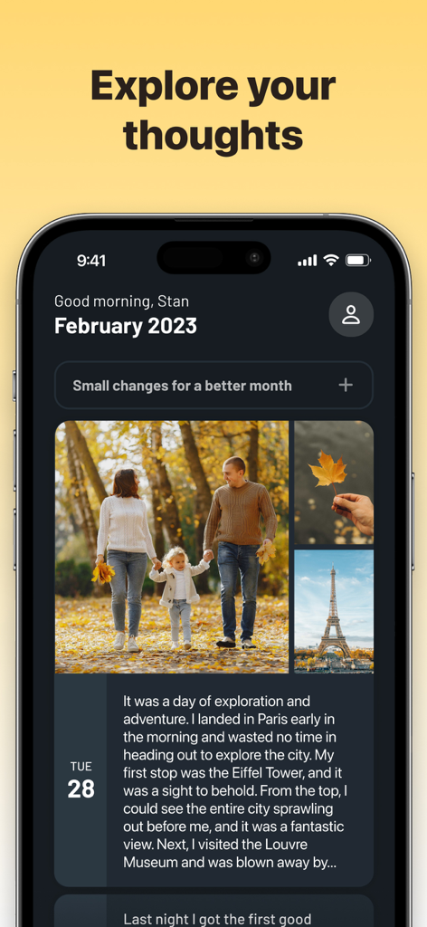 Solid Diary - AI Journal - Solid Diary app interface on an iPhone showing a personal journal entry with photos and text
