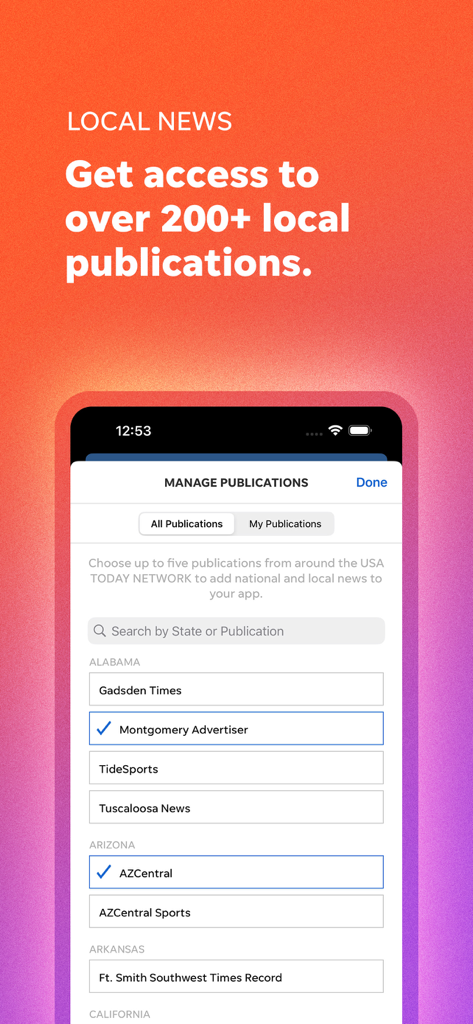USA TODAY: US & Breaking News - USA TODAYアプリの地域ニュース出版物の選択と管理のための画面。200以上の情報源のリストから選択できます。