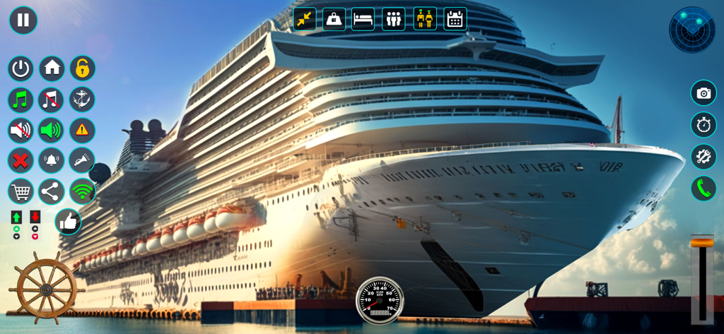 Cruise Ship Simulator Big Boat - Captura de pantalla del juego de un gran crucero atracado en un puerto con un volante e interfaz de simulación