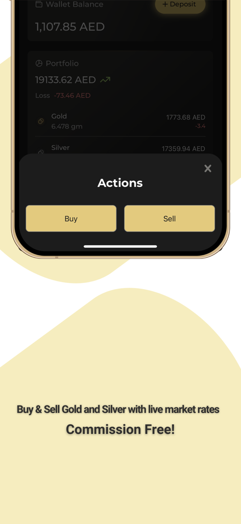 Interfaz de la aplicación OGold Wallet que muestra botones para comprar y vender oro y plata sin comisiones