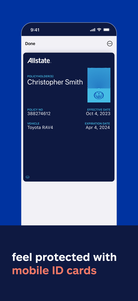 Allstate mobile app screen showing a digital insurance ID card