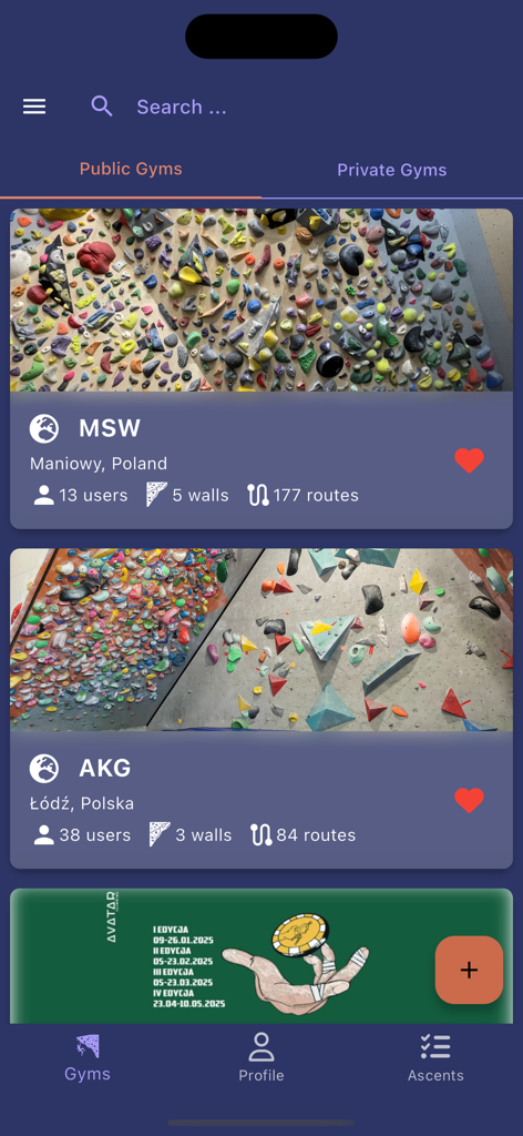 A list of public climbing gyms in the Just Climb app showing locations walls and routes