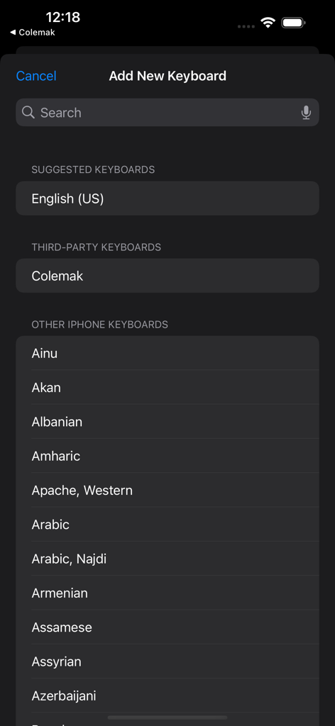 Colemak - iOS Add New Keyboard screen featuring the Colemak third party keyboard option
