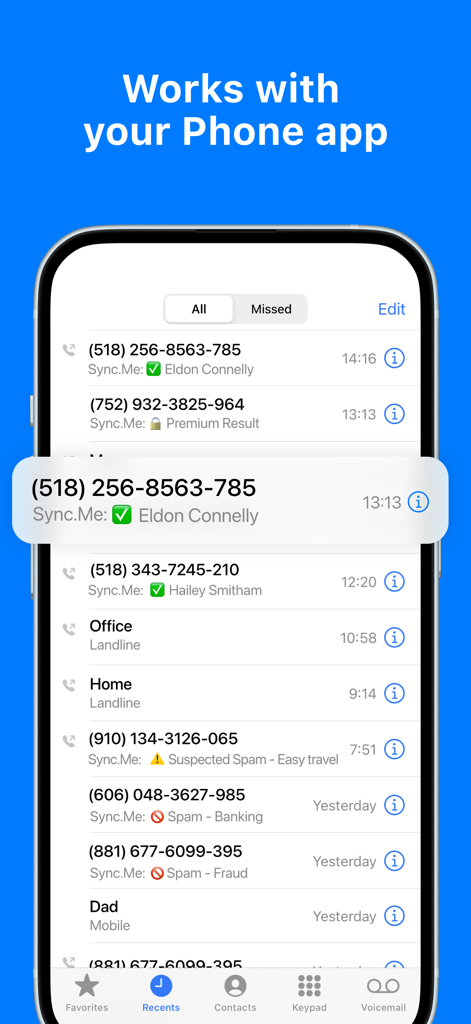 Sync.ME integration with iPhone recents call log showing caller identification and spam labels for incoming calls