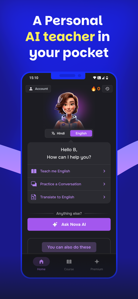 App Supernova AI Spoken English che mostra un'interfaccia di insegnante AI personale con opzioni di conversazione e traduzione.