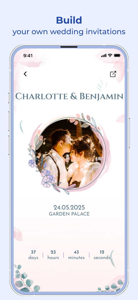 カウントダウンタイマーとカップルの写真が表示されたパーソナライズされたウェディング招待状のデザインを示すモバイルアプリ画面画像