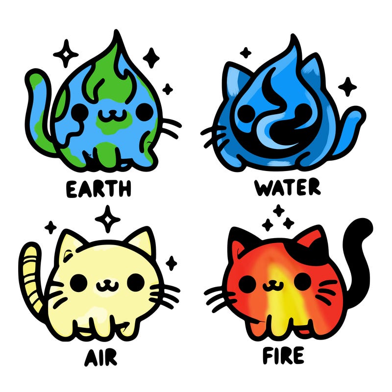 4 cats that represent the different elements, earth, water, air, and fire