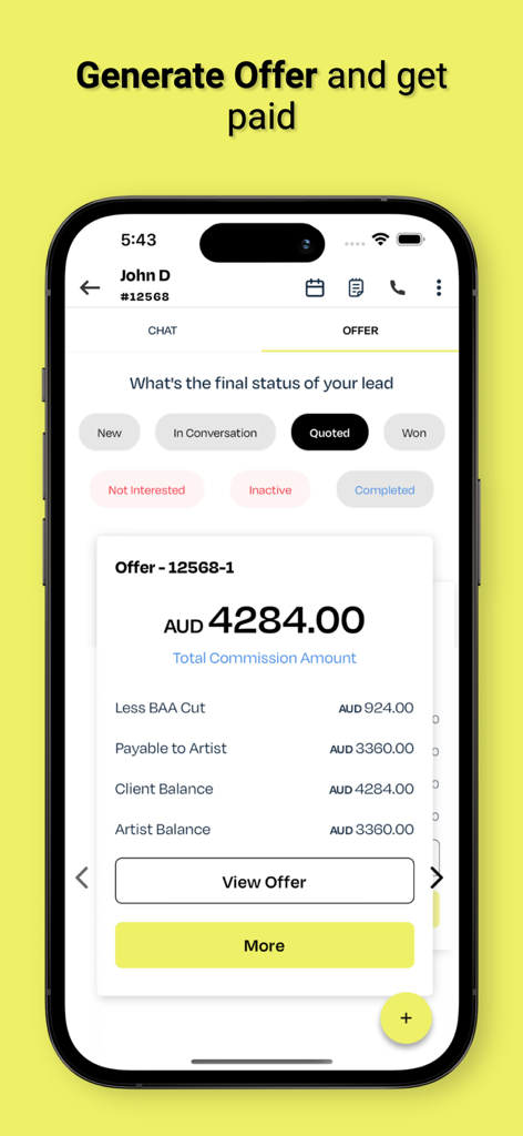 Book An Artist - A mobile app interface for artists showing a detailed commission offer breakdown and lead status tracking