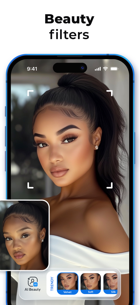 Facelab app interface showing AI beauty filters on a woman portrait.