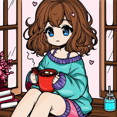cute anime girl reading book and drinking hot chocolate from mug with loose wavy hair wearing a baggy sweatshirt and shorts sitting by windowsill looking out