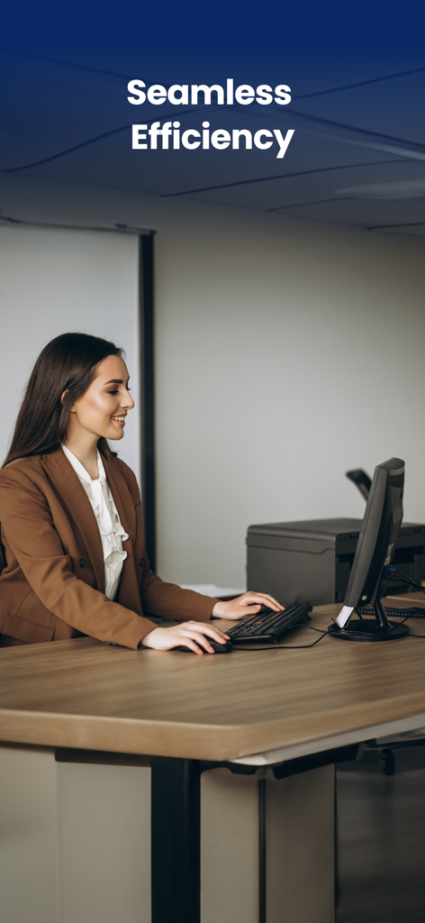 Time Tracker & Hours Tracker - コンピューターで仕事をするプロフェッショナルな女性。時間追跡におけるシームレスな効率を表しています