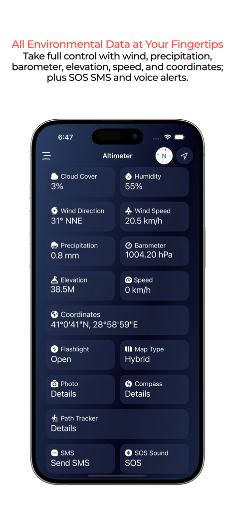 Cuspart Altimeter app interface showing environmental data like elevation barometer and wind speed
