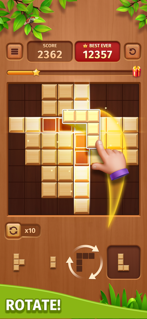 Cube Block - Woody Puzzle Game - A hand placing and rotating wooden blocks on a grid in the Cube Block puzzle game