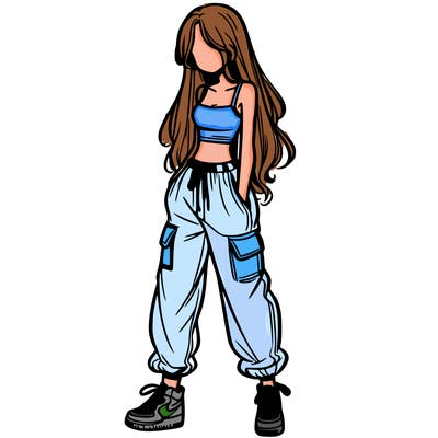 girl in baggy pants crop top and long hair