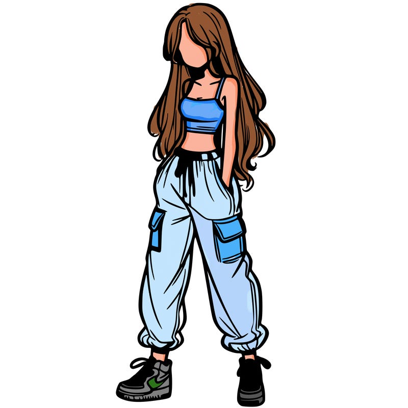 girl in baggy pants crop top and long hair