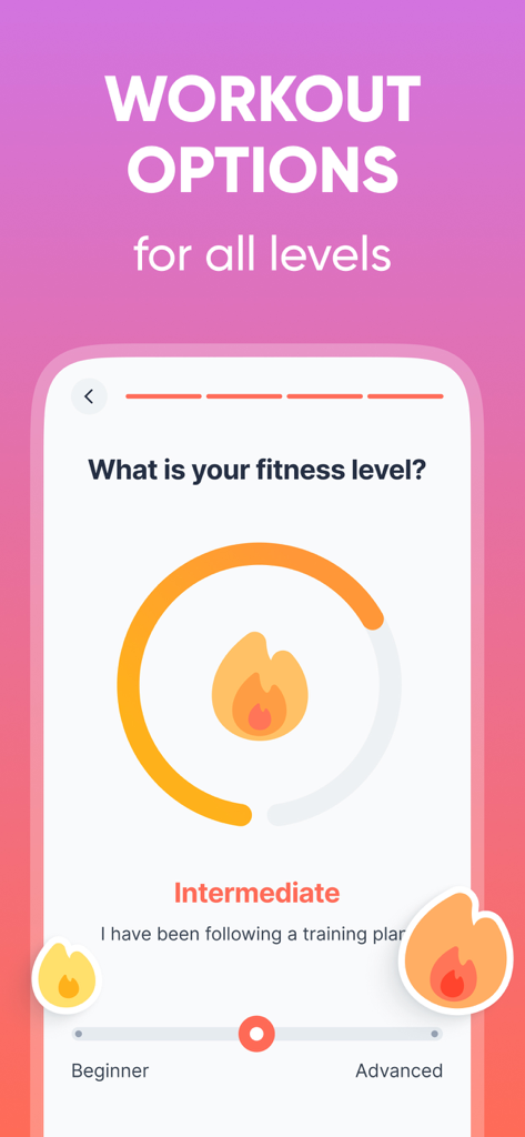 EasyFit - Lazy Workout at Home - Una pantalla de aplicación móvil que muestra opciones de entrenamiento para todos los niveles de condición física con la selección de un nivel intermedio.