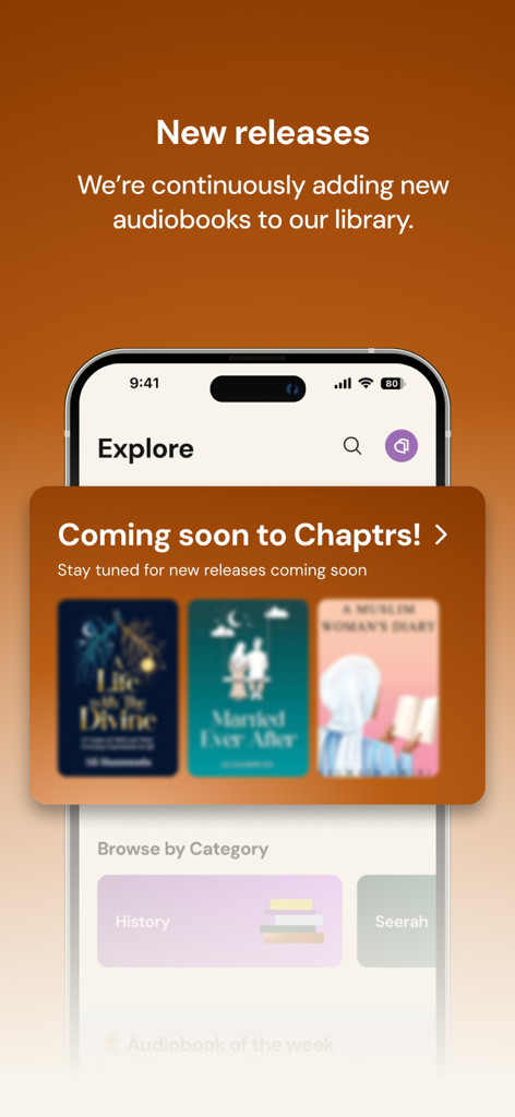 Explore screen of Chaptrs app showing upcoming Islamic audiobooks and categories