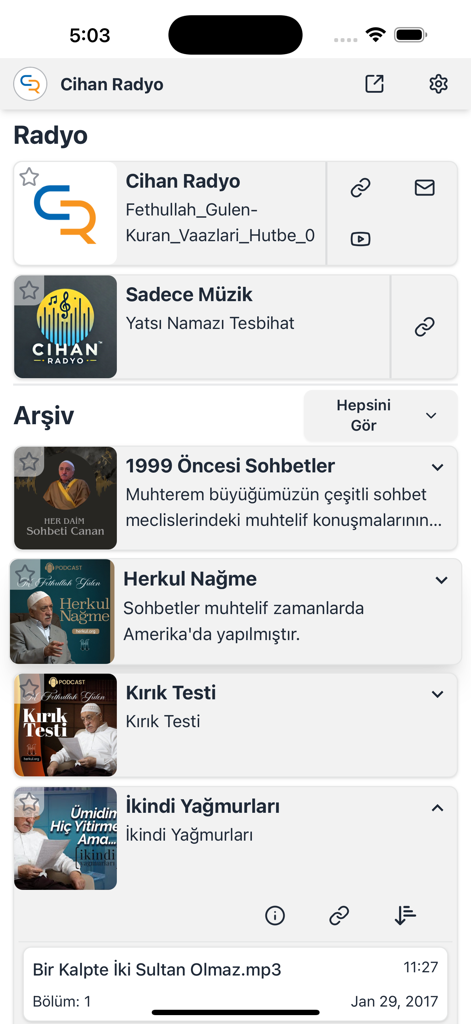 Cihan Radyo - Cihan Radyo app interface displaying live radio stations and spiritual talk archives in Turkish.