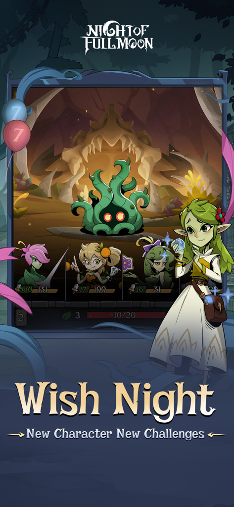 Night of the Full Moon - Pantalla de juego Night of the Full Moon Wish Night con nuevos personajes y desafíos en un entorno de fantasía oscura