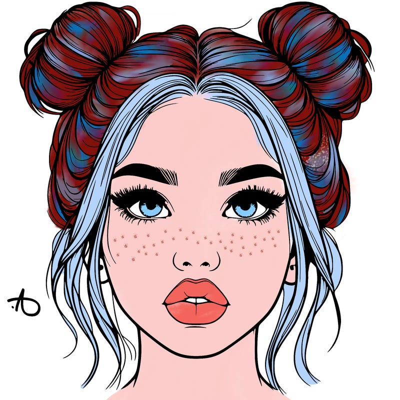 realistic girl with two buns on her hair and lips