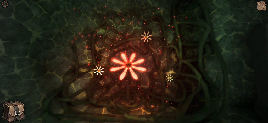 Legacy 2 - The Ancient Curse - A glowing orange flower puzzle with mysterious vines in a dark ancient chamber
