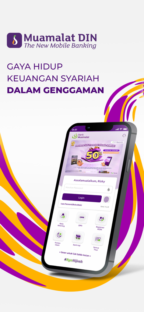 Muamalat DIN - Muamalat DINモバイルバンキングアプリのログイン画面。シャリア金融サービスとイスラムコンテンツが特徴です。