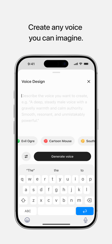 ElevenLabs: AI Voice Generator - Smartphone screen showing the ElevenLabs Voice Design interface where users can describe and generate custom AI voices.