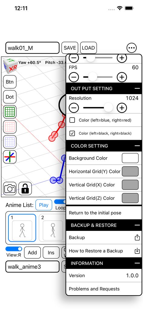 Stick Figure 3D Pose - Interfaccia dell'app Stick Figure 3D Pose che mostra le impostazioni di output dell'animazione e un ciclo di camminata di stick figure 3D