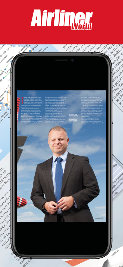 Airliner World Magazine - Uno smartphone che mostra un articolo di rivista digitale di Airliner World con un'intervista a un professionista del settore dell'aviazione