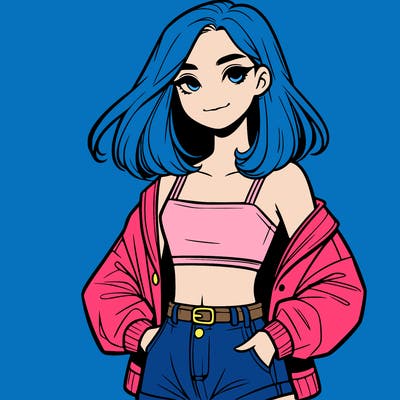 a realistic girl with a crop top and short shorts in an open jacket