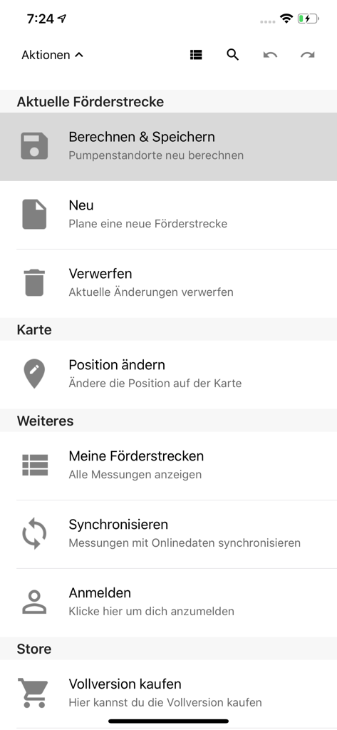 Feuerwehr Wasserförderung - Benutzeroberfläche der Feuerwehr Wasserförderung-App, die das Aktionsmenü zur Berechnung von Routen und Datensynchronisation anzeigt