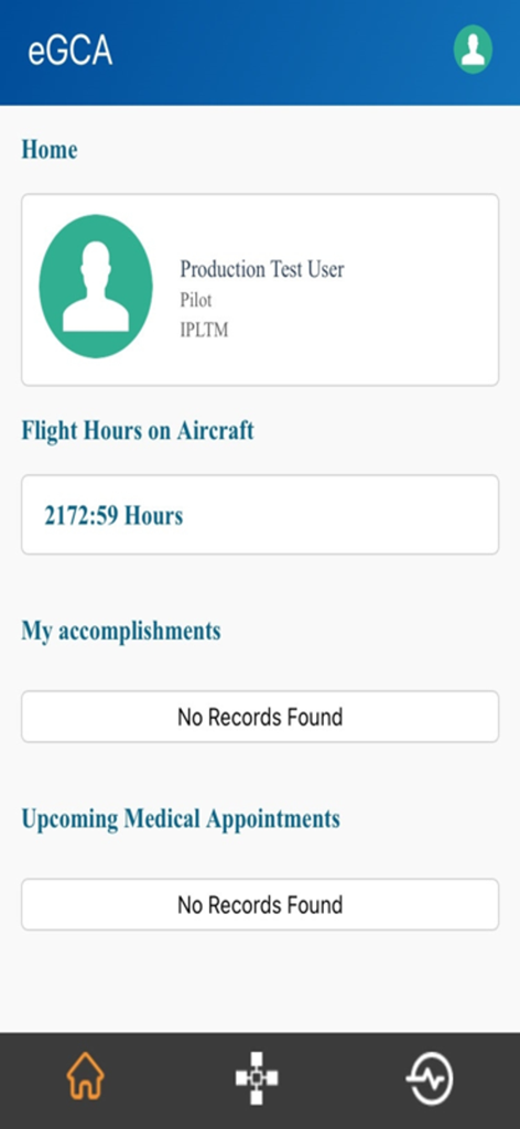 eGCA - The home screen of the eGCA app showing a pilot profile with total flight hours and sections for accomplishments and medical appointments