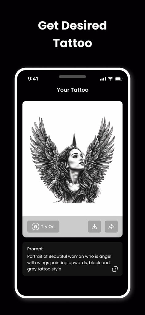 AI Tattoo Generator: Designs - An AI generated black and grey tattoo design of a woman with wings