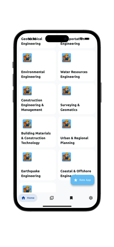 Civil Engineering Tutorials - Una interfaz móvil de la aplicación Tutoriales de Ingeniería Civil mostrando categorías de estudio como Ingeniería Ambiental y Gestión de la Construcción