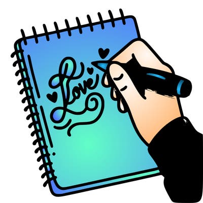a hand writing “love” in calligraphy on a notebook