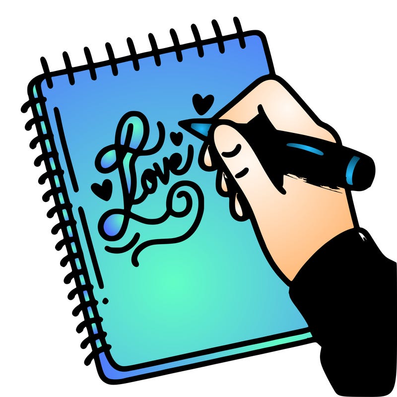 a hand writing “love” in calligraphy on a notebook