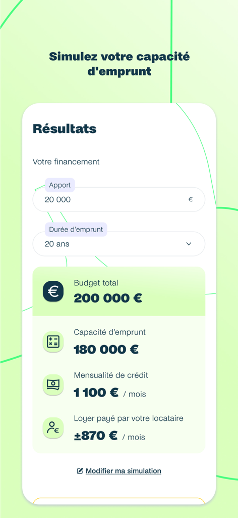 Beanstock mobile app interface showing a real estate investment simulation with borrowing capacity and rental income projections.