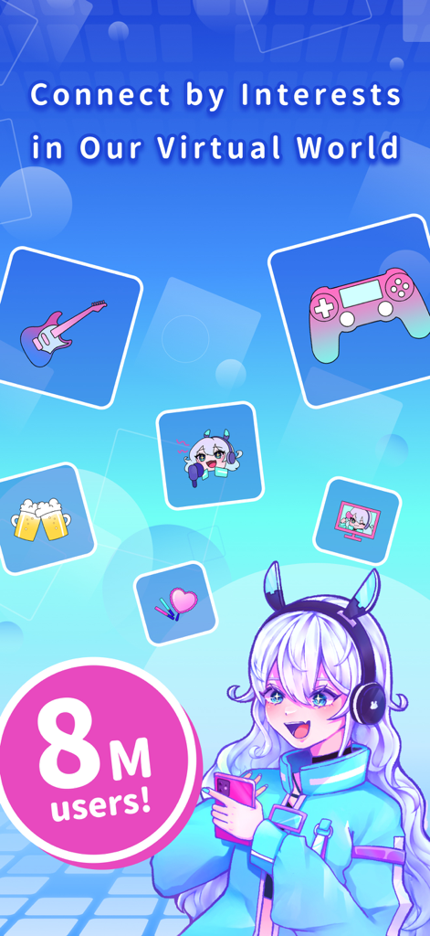 Un personaje estilo anime con auriculares sosteniendo un teléfono junto a íconos de intereses como videojuegos y música con el texto Conecta por Intereses en Nuestro Mundo Virtual