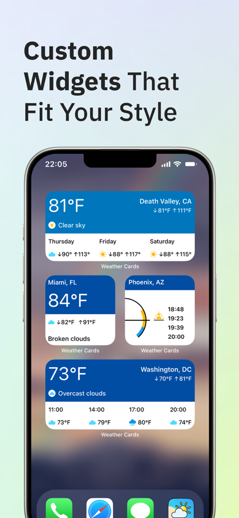 Tela inicial do iPhone exibindo vários widgets minimalistas personalizados do aplicativo Weather Cards