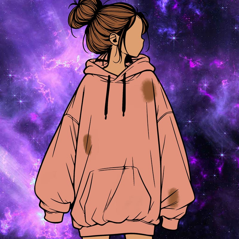 realistic girl with a oversized sweatshirt on and a bun