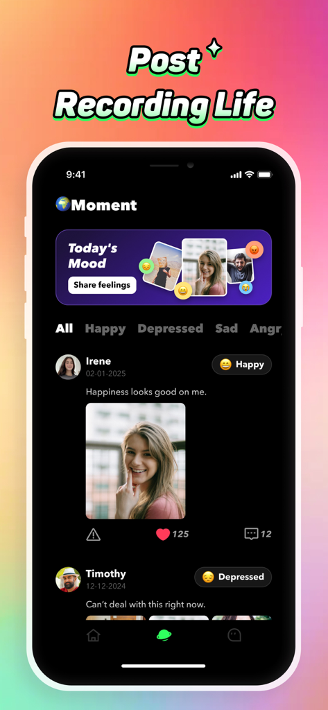 Lazzi: Video & Private Chat - Lazzi app interface showing a social feed of user moments categorized by moods like happy and depressed