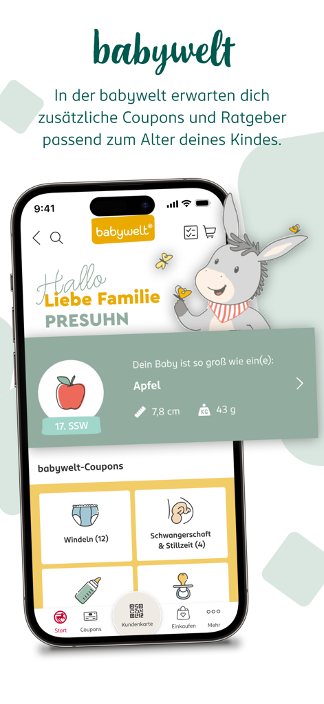 Funcionalidade Babywelt da aplicação Rossmann mostrando o progresso da gravidez e cupões personalizados para bebés