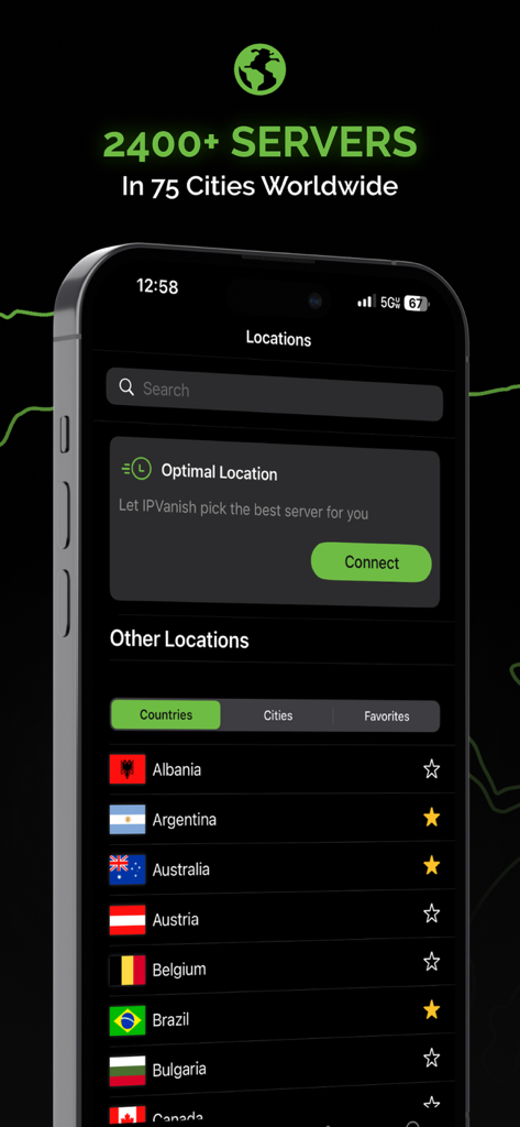 Tela de smartphone mostrando a lista de locais de servidores VPN IPVanish e o botão de conexão ideal.