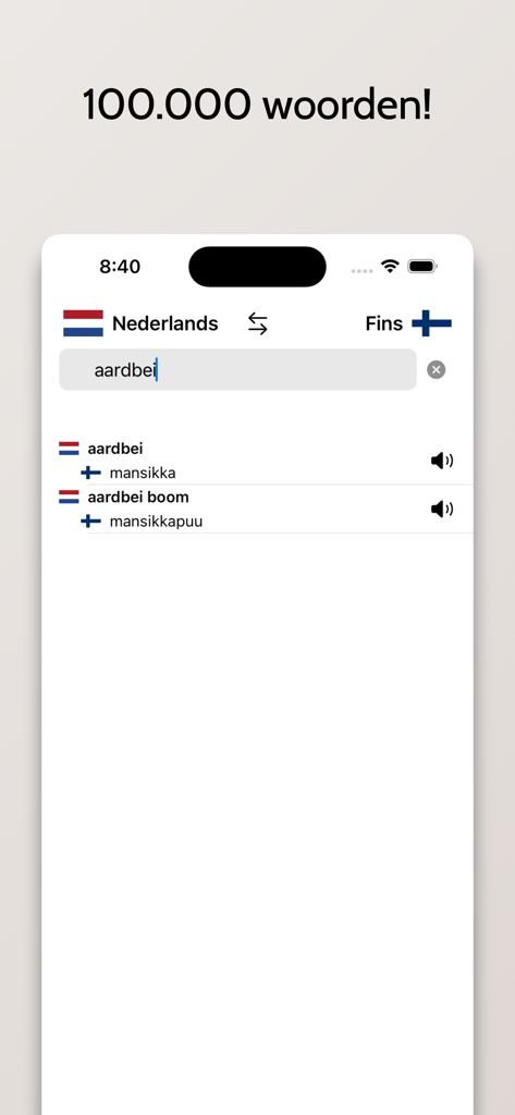 Fins-Nederlands woordenboek - Fins-Nederlands dictionary app interface showing a Dutch to Finnish translation for the word strawberry