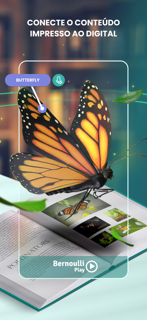 A 3D butterfly emerging from a physical textbook using the Bernoulli Play augmented reality feature